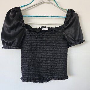 Urban Outfitters Black Satin Smocked Bandeau Tube Top w/Puff Sleeves Size S Y2K